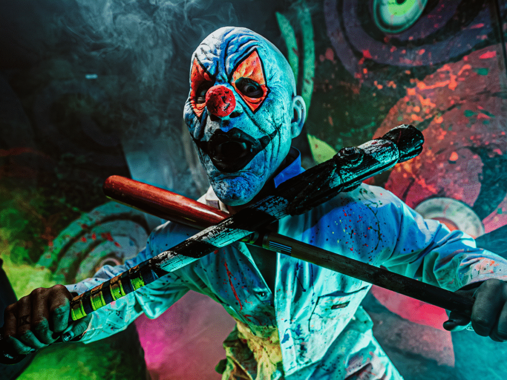 Killer clown with two baseball bats