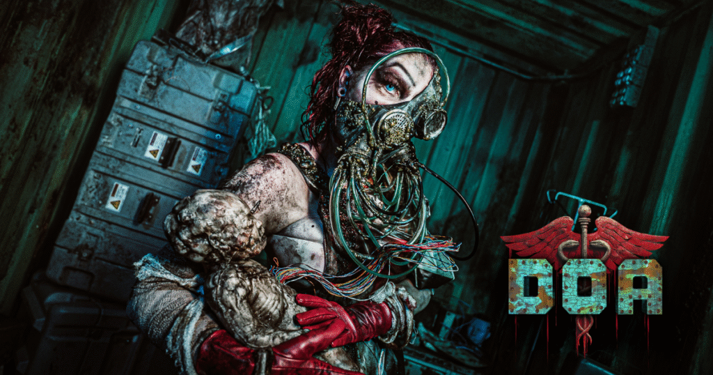 DOA logo with cybernetic woman and baby