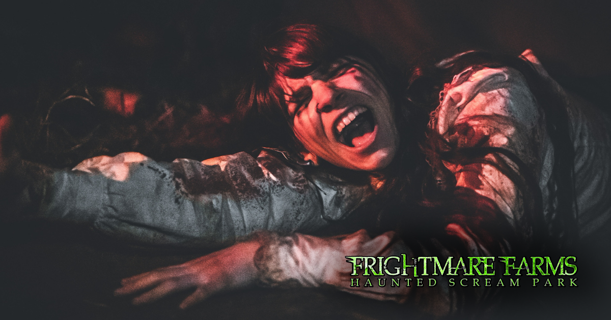 Frightmare Farms Haunted Scream Park logo and screaming victim
