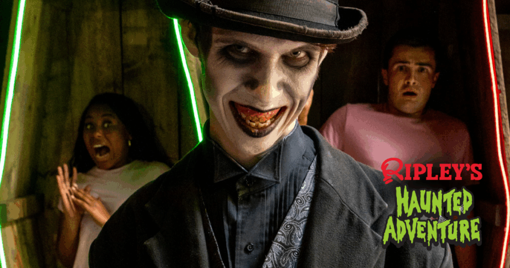 Ripley's Haunted Adventure logo with ghoul and scared victims