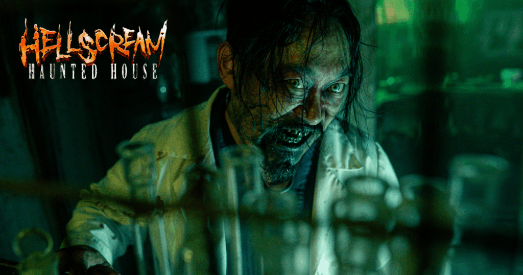 HellScream Haunted House logo and mad scientist