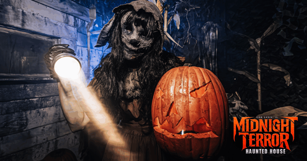 Midnight Terror Haunted House logo with scarecrow and jack o'lantern