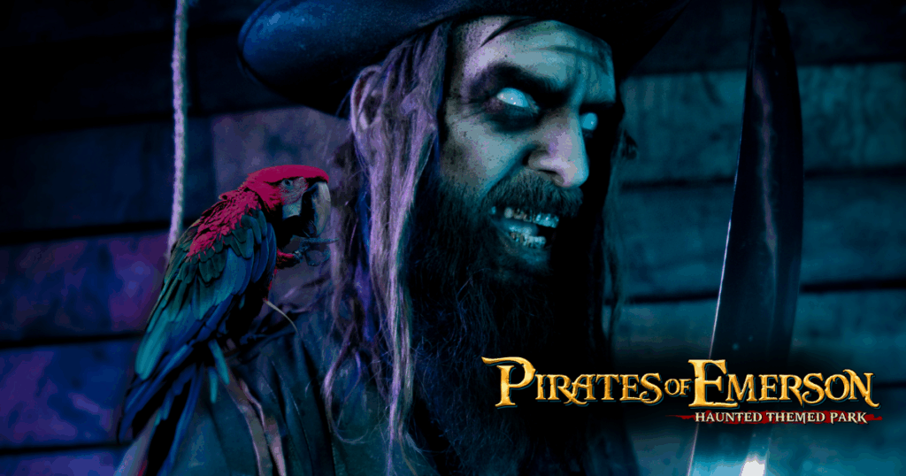 Pirates of Emerson Haunted Theme Park logo with ghost pirate
